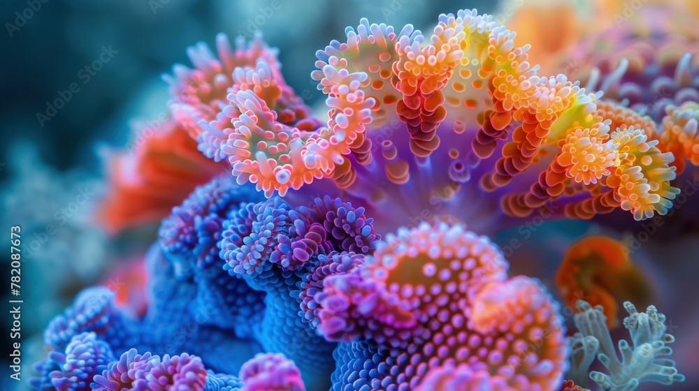 An up-close view of vibrant and diverse corals, showcasing their various colors and intricate details in an underwater setting An up-close view of vibrant and diverse corals, showcasing their various colors and intricate details in an underwater setting
