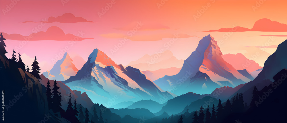 Illustration with mountain landscape. Drawing with beautiful landscape.	