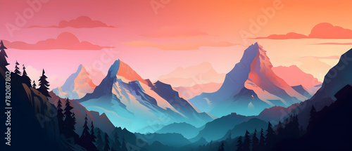 Illustration with mountain landscape. Drawing with beautiful landscape.	 photo