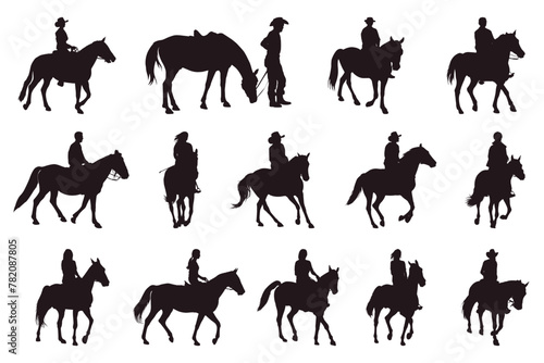 A set of silhouettes of a horse with a rider (ID: 782087805)