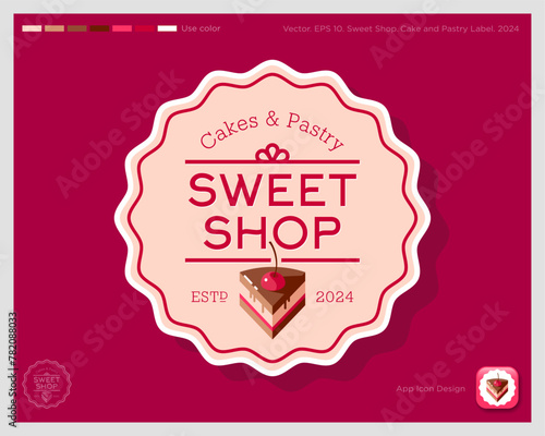 Sweet Shop emblem. Identity. Text and piece of chocolate cake with cherry in wavy circle. Identity. App button.