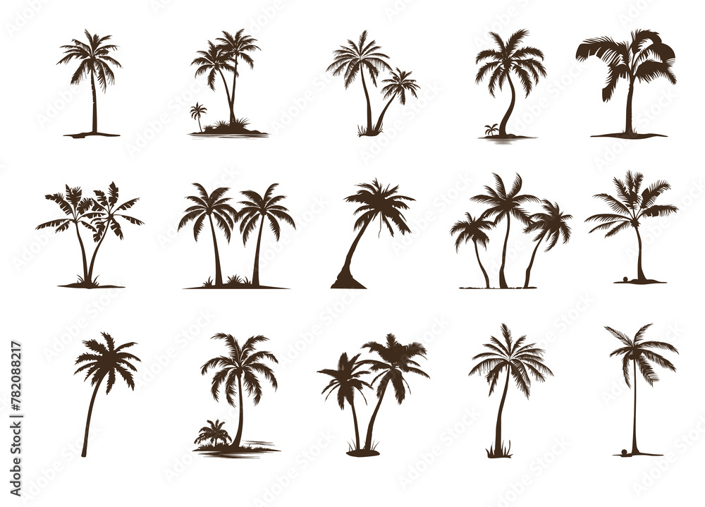 Set of silhouettes of exotic palm trees