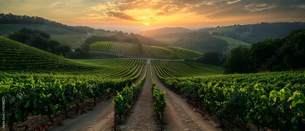 Fototapeta premium Serenade of the Vineyards at Dawn. Concept Vineyard Photography, Sunrise Photoshoot, Wine Country Portraits, Nature's Serenity