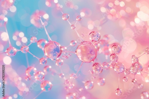 Hyaluronic acid is a delicate network of interconnected molecules. Floating in a sea of soft pastel colors Demonstrates gentleness and relaxation on the skin.