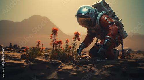 An astronaut in a spacesuit is investigating flowers that grew on an unknown planet. The concept of researching life on an alien planet. Life on Mars photo