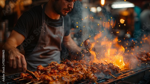 A man is grilling meat over flames at a food event
