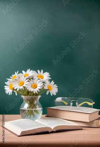 Books, glasses and bouquet of flowers on the teacher's desk, on the background of a chalkboard. Concept Teacher's Day, school, knowledge day.