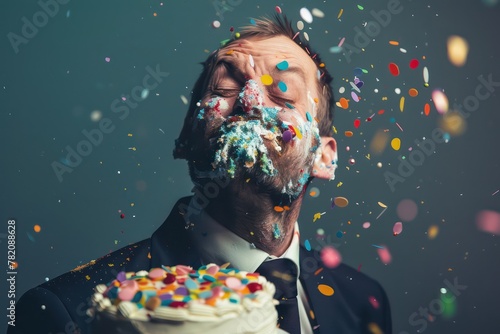 Cake on face of man in business suit, birthday party. Generative AI