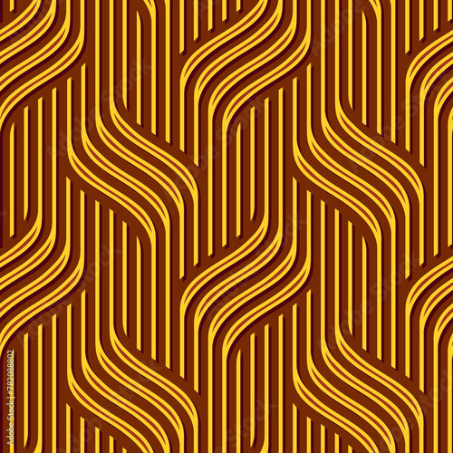 Abstract wavy yellow-red pattern on a burgundy background. Seamless geometric vector texture (ID: 782088802)