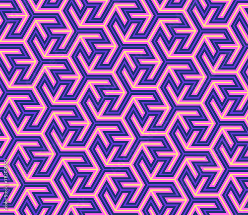 Bright pink vector pattern on a blue background. Abstract geometric seamless pattern