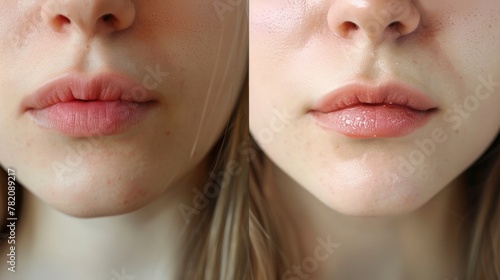 A young woman s dry lips before and after treatment.