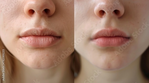 A young woman s dry lips before and after treatment.
