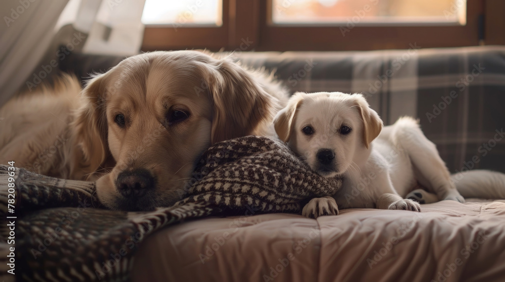 Two dogs are resting comfortably on top of a couch in a living room Two dogs are resting comfortably on top of a couch in a living room