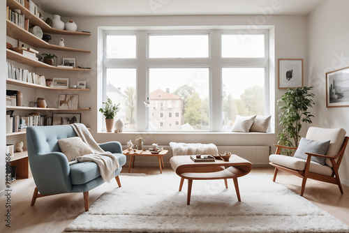 Cozy scandinavian style and modern design at home. Retro armchair and sofa  soft carpet  shelf with accessories and large window with daylight in living room interior  flat lay  panorama  free space