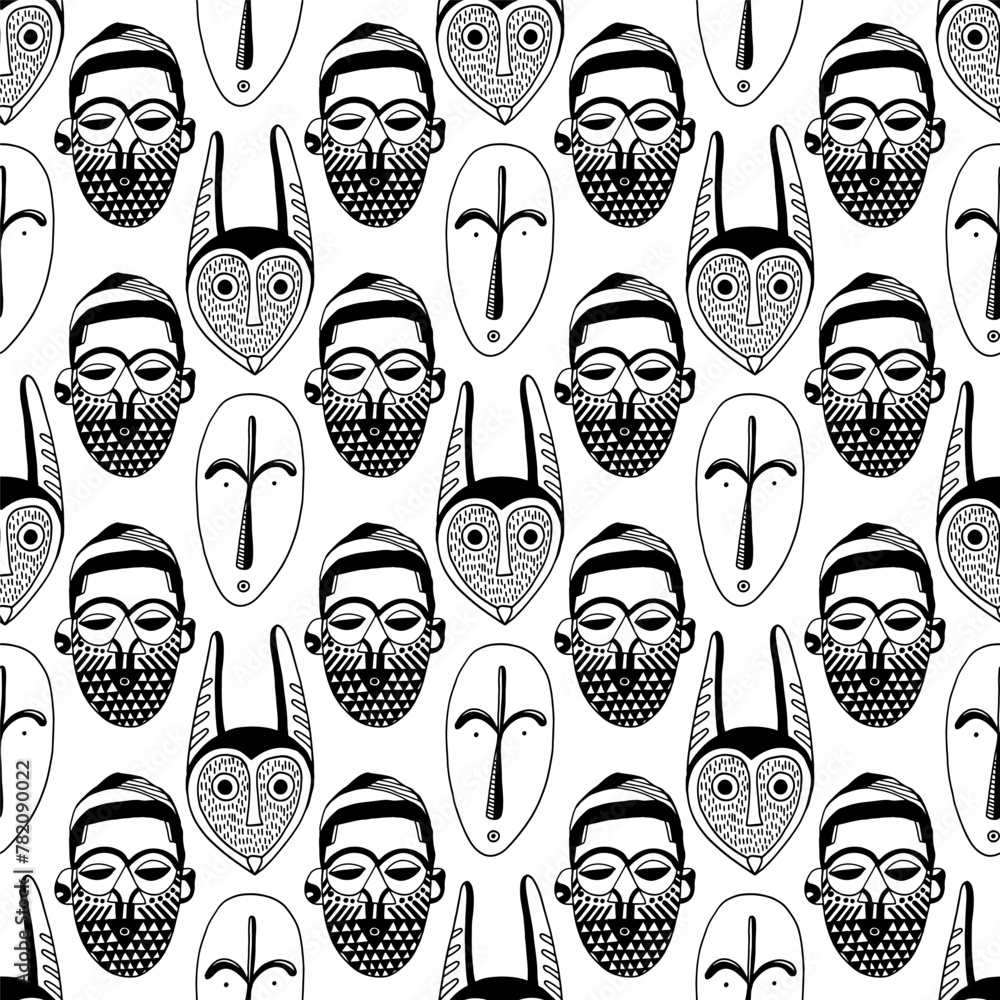 Line Mask Design Names African masks - seamless pattern. Line art background design. Hand ...