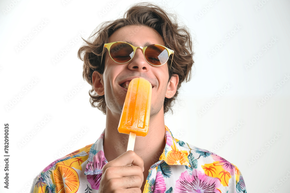 © Concept Island - Young man with sunglasses and flowered summer shirt eating and enjoying an orange popsicle, isolated on a white background.