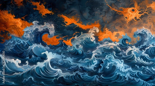 Digital traditional ocean waves illustration poster background