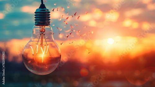A light bulb radiates with warmth as birds take flight into the vibrant hues of the sunset