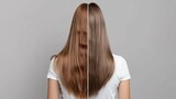Before and after hair treatment, a woman's hair looks fuller and healthier.