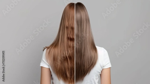 Before and after hair treatment, a woman's hair looks fuller and healthier. photo