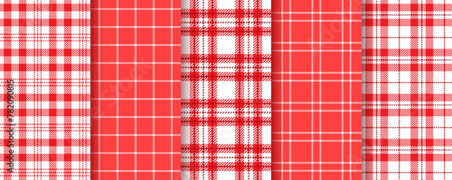 Cloth seamless pattern. Tablecloth red background. Set Vichy gingham textures. Checkered kitchen prints. Lumberjack tartan backdrops. Picnic retro plaid wallpapers. Vector illustration. Table textile.
