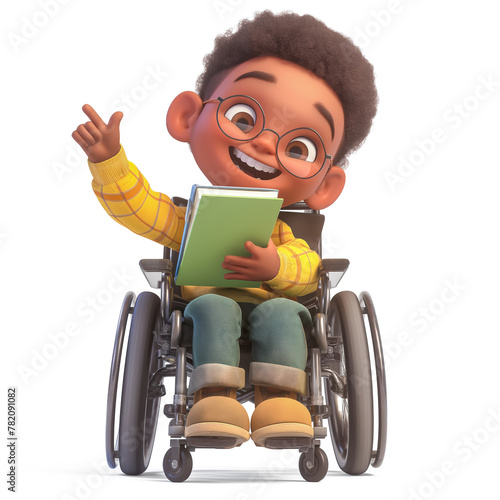 Joyful African American boy in a wheelchair holding a book and pointing upwards, diversity and the eagerness to learn in an inclusive educational setting.