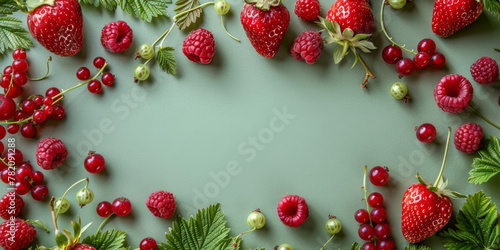 Summer berries on light green background, flat lay banner with copy space, vacation concept