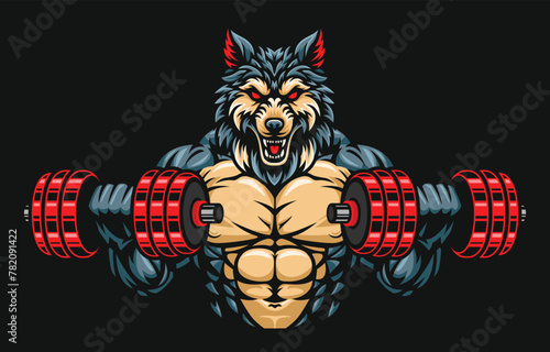 Wolf fitness or gym illustration design, wolf lifting dumbbells illustration. Wolf mascot character