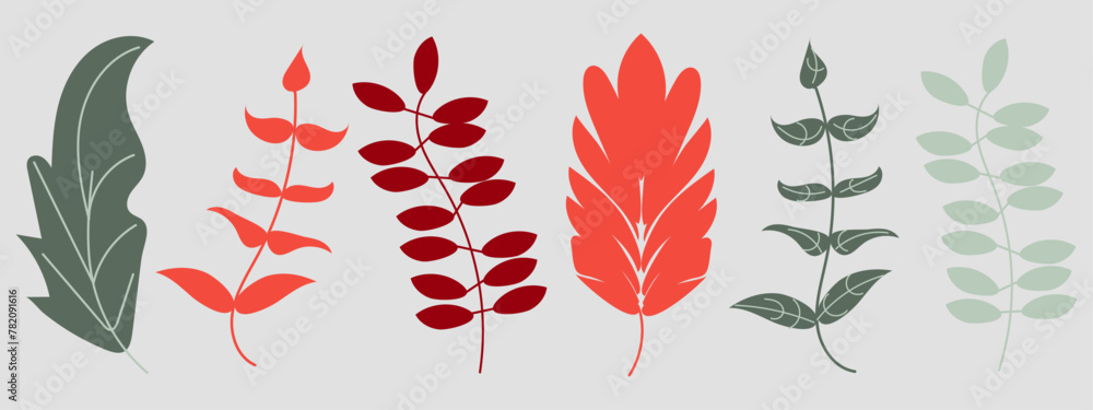 Abstract red-green-grey design-set with multicolored summer leaves on grey background. Bright colorful vector illustration for cards, business, banners, wallpaper, textile	