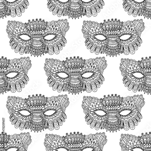 Mardi gras mask seamless pattern. Line art venetian carnival masks. Doodle outline design artwork.