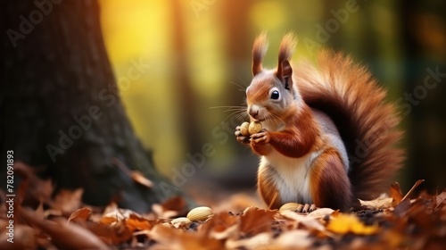 Wild squirrel eating nuts in the forest  close-up. Beautiful squirrel with fluffy tail