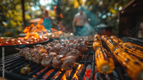 People grilling sate kambing and arrosticini on wood fire photo