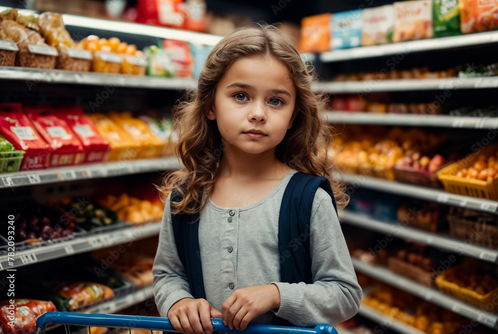 Portrait of cute child girl 5 year old at shelves with groceries in store background, serious looking at camera. Kid girl shopping buying in supermarket. Retail shopping concept. Copy ad text space