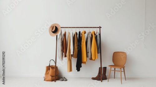 Rack of stylish women's clothes with bags and shoes near white wall.AI generated image