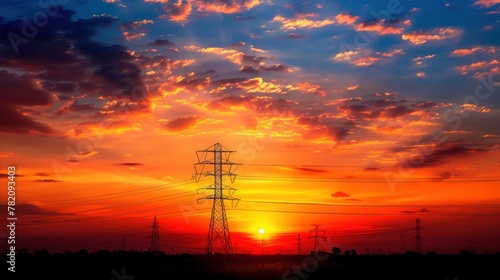Silhouetted power lines against a fiery sunset sky with vibrant orange and red hues