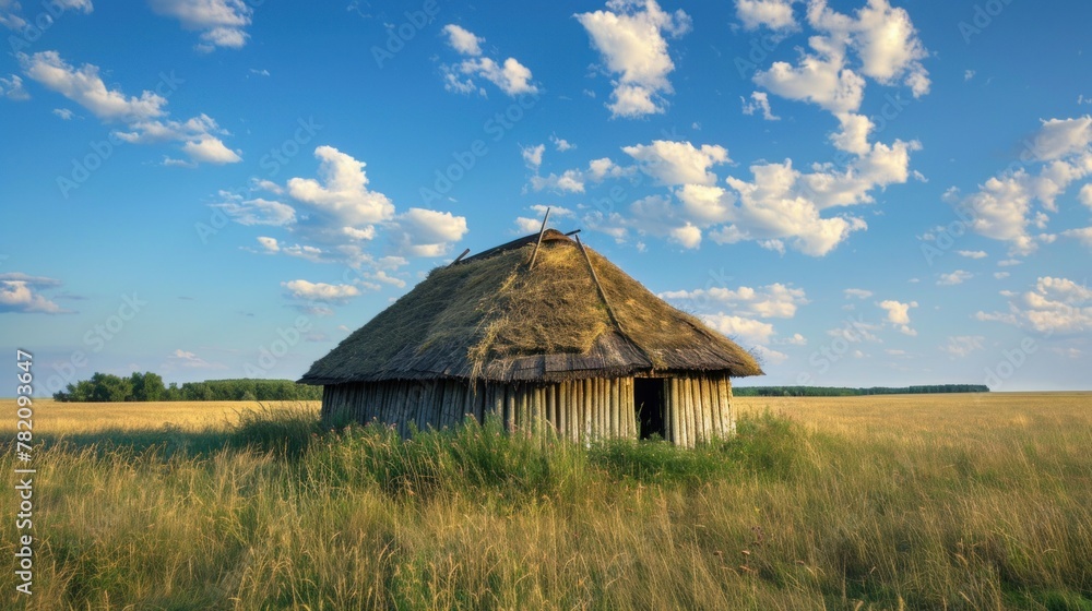 A hut in the grassland during the day.AI generated image