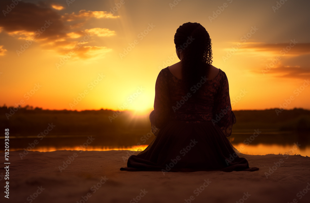 Prayer concept. Silhouette of a pretty African american woman in praying pose. Set against a vibrant sunset sunrise sky. Clasped hands. Also related to vicarious, word of god, zion, reverence, divine