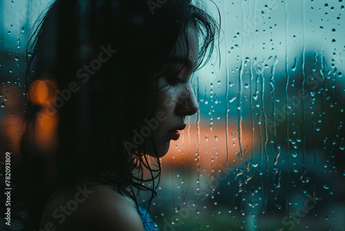 A beautiful girl with long black hair is standing by the window. She is looking outside at the rain. The rain is falling heavily and the girl is lost in thought. photo