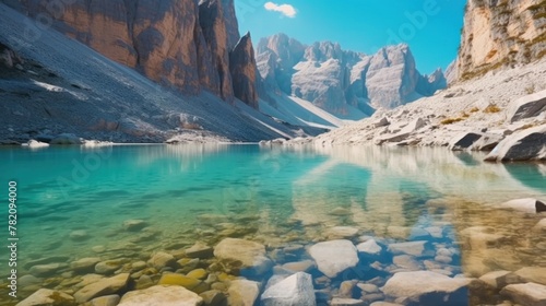 lake with clear water with mountains in the background .AI generated image
