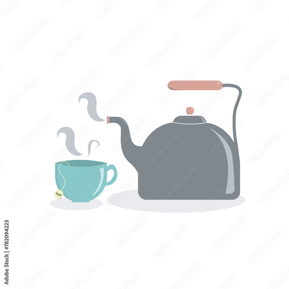 vector illustration gray and pink kettle and blue tea cup vector illustration gray and pink kettle and blue tea cup
