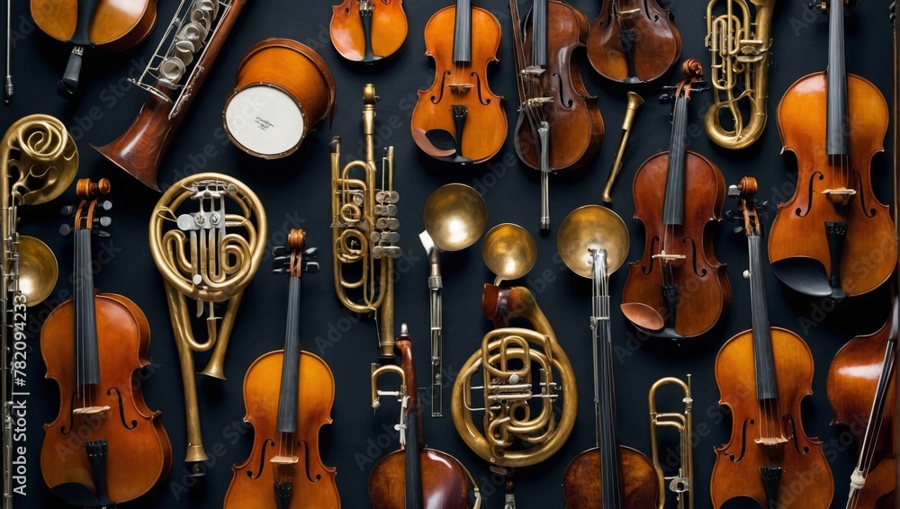 Naklejka premium wall on which musical instruments and violins hang