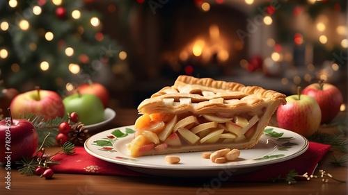 A photorealistic image of a cheerful apple pie slice elegantly placed on a festive plate, showcasing the delicious holiday treat in high detail. The scene is set indoors with a warm, inviting backgrou photo
