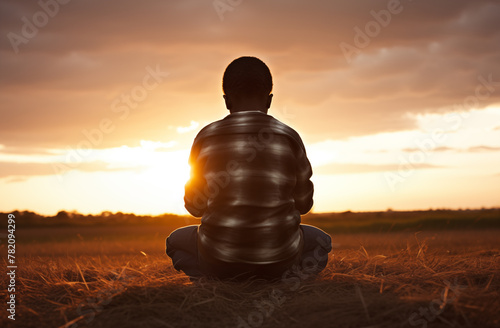 Prayer concept. Silhouette of a African american teen boy in a praying pose. Set against a vibrant sunset sunrise sky. Clasped hands. Also related to gospel, testimony, deliverance, providence © ana