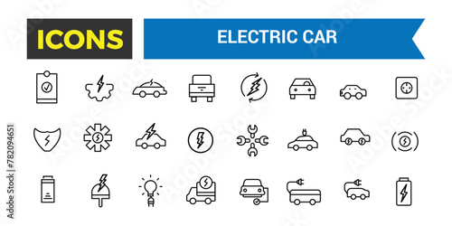 Electric Car Vector Icon, Set Of E Car, Electric Bus, Truck, Vehicle, Auto, Engine, Plug, Battery, Eco Transport, Autopilot, Smart Car Editable Stroke Icon, Vector Illustration