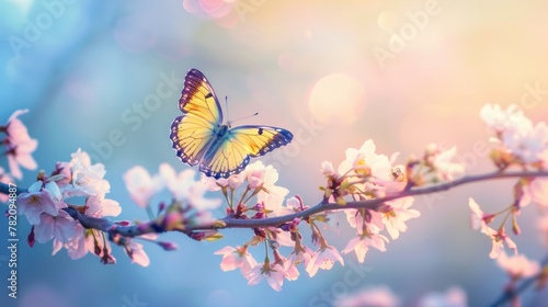 beautiful cherry blossoms with butterflies in spring at Sunrise with light blue and purple background macro. © Daisha