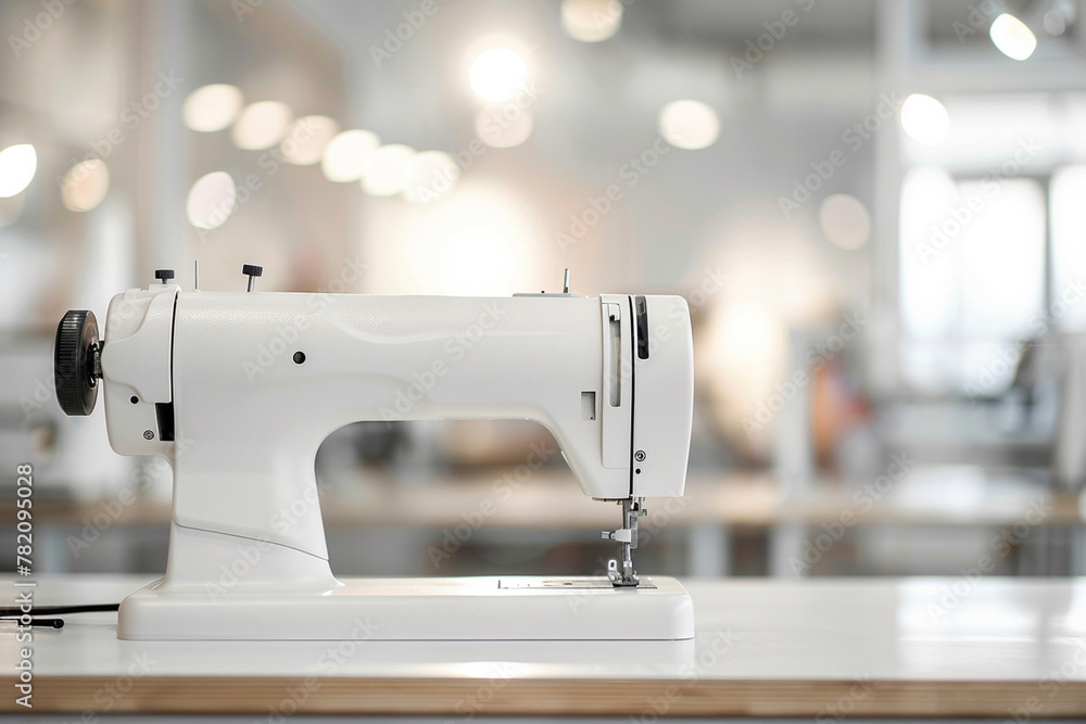 Sewing machine on blurred background in a modern interior fashion design studio.