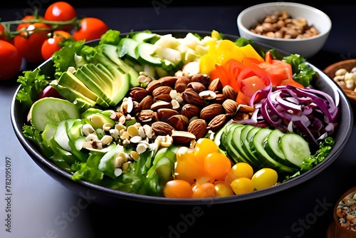 A vibrant, fresh salad bowl with a variety of colorful vegetables and nuts, perfect for healthy eating and diet concepts. generative ai