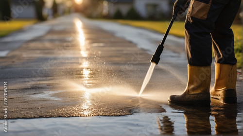 Pressure washing driveway. Close up on water splash and worker in worker boots cleaning driveway with pressure washer.