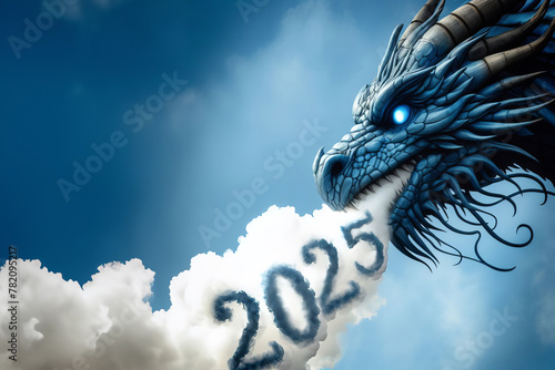 This mystical image sparks fantasy and anticipates the future, In a close-up, a blue dragon's face emits swirling smoke forming '2025', hinting at imminent change. screensaver of the outgoing year © Elena