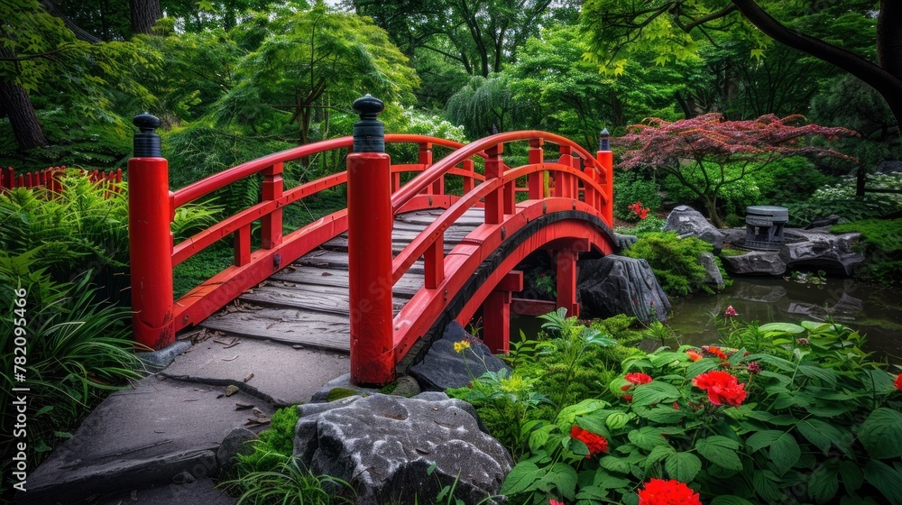 park with beautiful red bridge.AI generated image park with beautiful red bridge.AI generated image